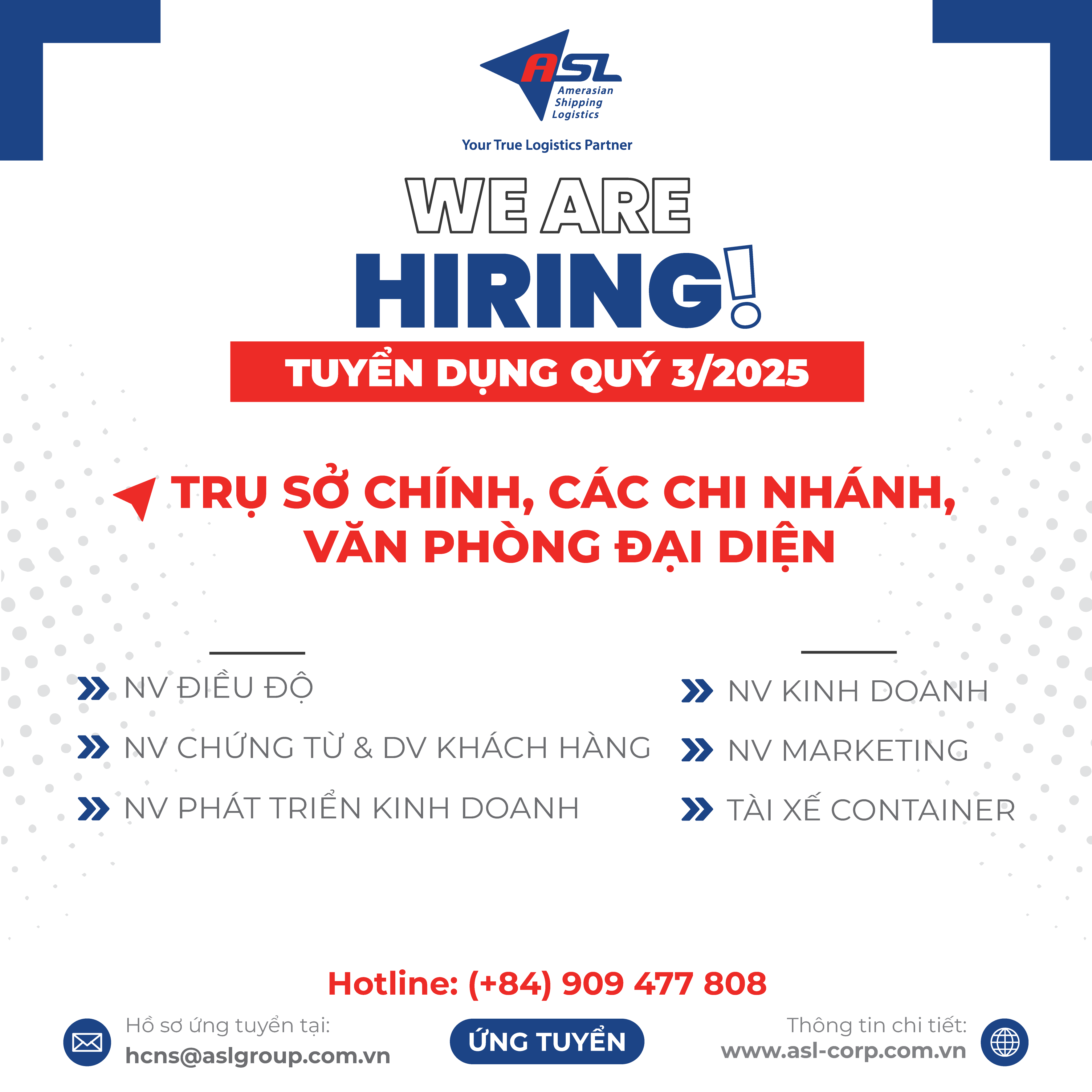 ASL LOGISTICS THÔNG BÁO TUYỂN DỤNG QUÝ 03 - 2025
